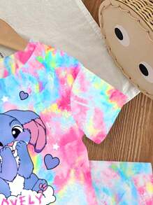 SHEIN 女宝宝可爱兔子卡通印花扎染圆领短袖T恤和针织打底裤可爱两件套，夏季 - 彩色 - 查看 5