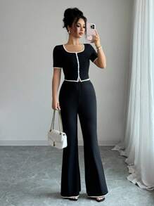 Elenzga 2pcs Women Casual Short Sleeve Top And Pants Set - Black and White - View 7