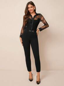 Amorya Pantalones pitillo de cintura alta con detalle de hebilla metálica para mujer - Negro - Ver 4