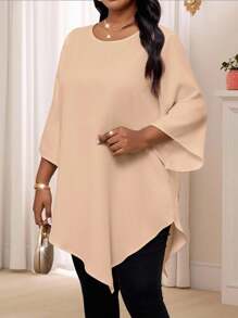 SHEIN Lady 2025 新款大码女式纯色金属圆领 3 4 袖宽松不对称下摆优雅衬衫情人节新年派对感恩节假日休闲上衣女式秋季上衣 - 駝色 - 查看 4