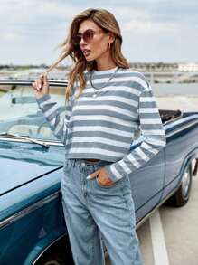 EURMUSE Striped Print Drop Shoulder Tee - Light Grey - View 4