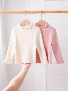 SHEIN Modischer einfarbiger Stehkragen Lässig Langarm Pullover für Kleine Mädchen, Gerippter Pullover für Mädchen, Rüschen-Kragen Pullover gestrickt, Winterkleidung Herbst - Pink - Übersicht 8