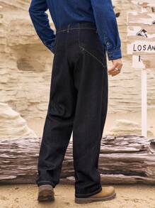 Manfinity Homme Men's Casual Loose Straight Leg Jeans With Unique Design, Mature Spring/Summer Style - Blue - View 2