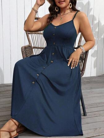 SHEIN CURVE+ 大码纯色休闲无袖连衣裙