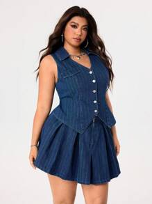 Rivivi Plus Size Women's Striped Front Button Pleated Hem Sleeveless Denim Dress