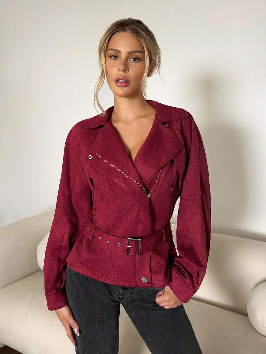 SHEIN ICON Damen Lässig einfarbige Wildlederjacke mit Gürtel, Herbst Winter Kleidung für Frauen - Bordeaux - Übersicht 1