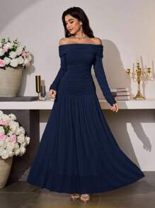 Modelyn 女式长款露肩浪漫优雅褶饰修身喇叭下摆时尚连衣裙，春夏 - 藏蓝色 - 查看 4