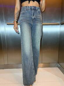 Manon Tanti 女士寬鬆休閒丹寧寬腿褲，附口袋 - 深色水洗藍 - 查看 3