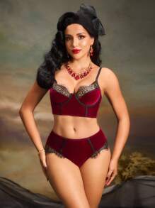 Conjunto De Lencería De Encaje Para Mujer Con Detalles De Espiga (sujetador Con Aros Y Braguitas) - Rojo - Ver 4