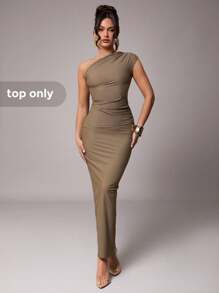 Silquee 女士纯色高端灰棕色针织面料，斜肩褶皱修身不对称下摆设计，时尚优雅约会夜吊带背心，浪漫情人节女士吊带背心，日常穿着 - 灰色 - 查看 1