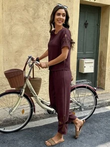 Selianne 2pcs Women Set: Hollow-Out Short Sleeve Crew Neck Blouse + Hollow-Out Casual Long Pants Travel Dark Burgundy Summer - Burgundy - View 4
