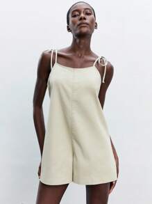 Maija Women's Khaki Denim Overalls And Jumpsuits Casual Fit Suspender Romper Shorts - Khaki - View 5