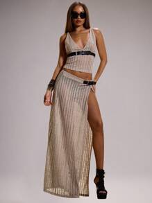 MUSERA Low Rise Textured Knit Belted Straight Fit Maxi Skirt Only Summer Ibiza Boho Vacation Holiday Festival Sexy Club Rave Aftershow Beach Y2k - Khaki - View 2