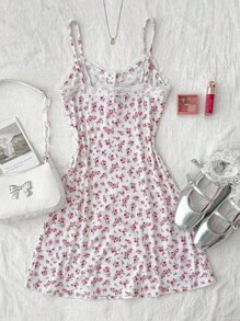 SHEIN Váy liền thân chữ A ren họa tiết hoa tương phản mùa hè dành cho bé gái tuổi teen, đồ mặc nhà thường ngày - Đỏ và trắng - Xem 2