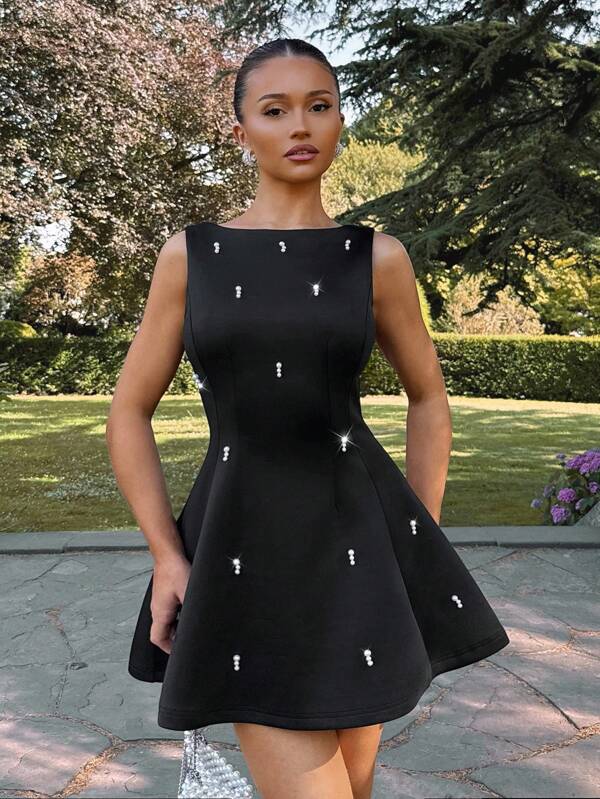 Glamine Vestido mini elegante de mujer con decoración de perlas y espalda descubierta, adecuado para banquetes, fiestas, reuniones con amigos, vuelta al colegio y uso diario