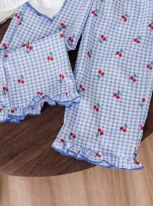 SHEIN Genkimix Kids Young Girls Cherry Print Short Sleeve T-Shirt And Plaid Pants Casual Outfit,Gingham Summer Family Matching Kids Set - Multicolor - View 8