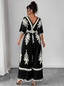 Elenzga 复古休闲度假风褶皱无袖抽绳腰褶长裤连体裤，黑色，加大码，春夏秋季 - 黑色 - 查看 2