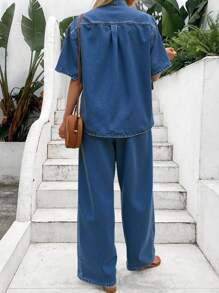 SHEIN Teen Girls Old Money Style Casual Short Sleeve Oversize Soft Denim Shirt And Baggy Wide Leg Jeans Set,Country Concert Outfit Two Pieces,Fall Autumn Clothes,Work/Office Business Casual Outfits,Girls Fall Back To School Outfits - Medium Wash - View 2