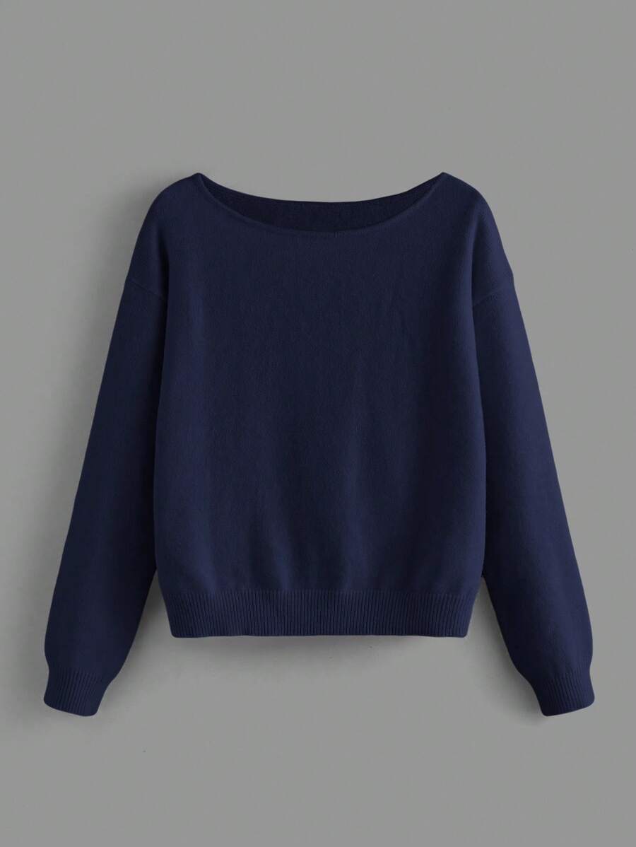 SHEIN BASICS 女款休閒基本款純色針織衫,秋冬季,校園居家穿著,海軍藍 - 藏蓝色 - 查看 1