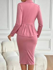 SHEIN Unity Solid Color Lapel Single-Breasted Blazer And Pencil Skirt Suit Set Fall Cloth For Women - Dusty Pink - View 2