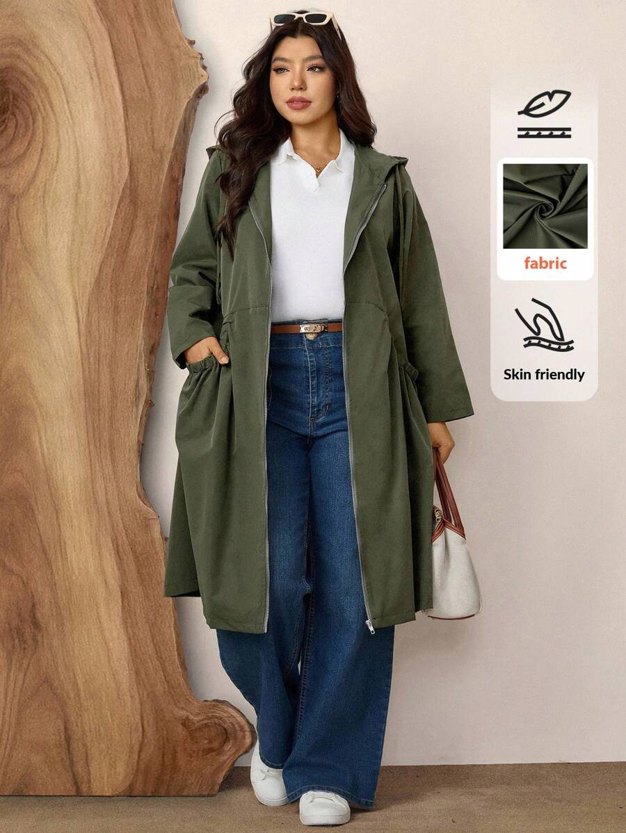 Zelara Plus Size Fashion Solid Green Hooded Pocket Design Mid-Length Jacket For Fall With Pockets Trench Women Coat Winter Clothes Autumn