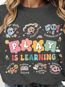 EMERY ROSE 大码女式夏季字母和卡通印花圆领短袖休闲T恤，适合教师