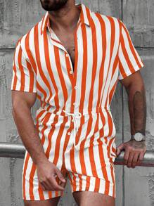 Manfinity Homme 男士条纹短袖单排扣抽绳腰口袋休闲衬衫和牛仔连体裤