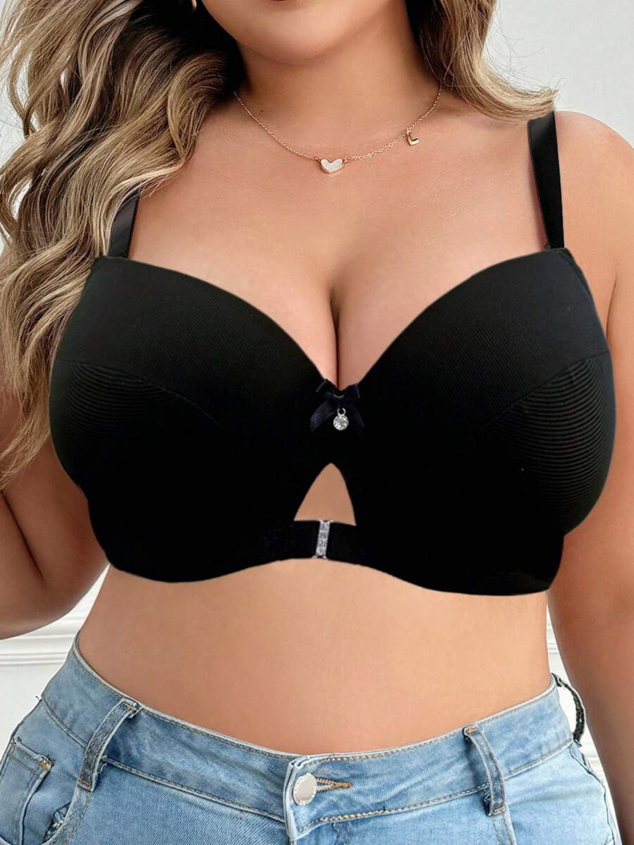 SHEIN 1 Peça Sutiã com Aro Elevador e Realçador de Cor Sólida Minimalista para Mulheres Plus Size - Preto - Visão 1