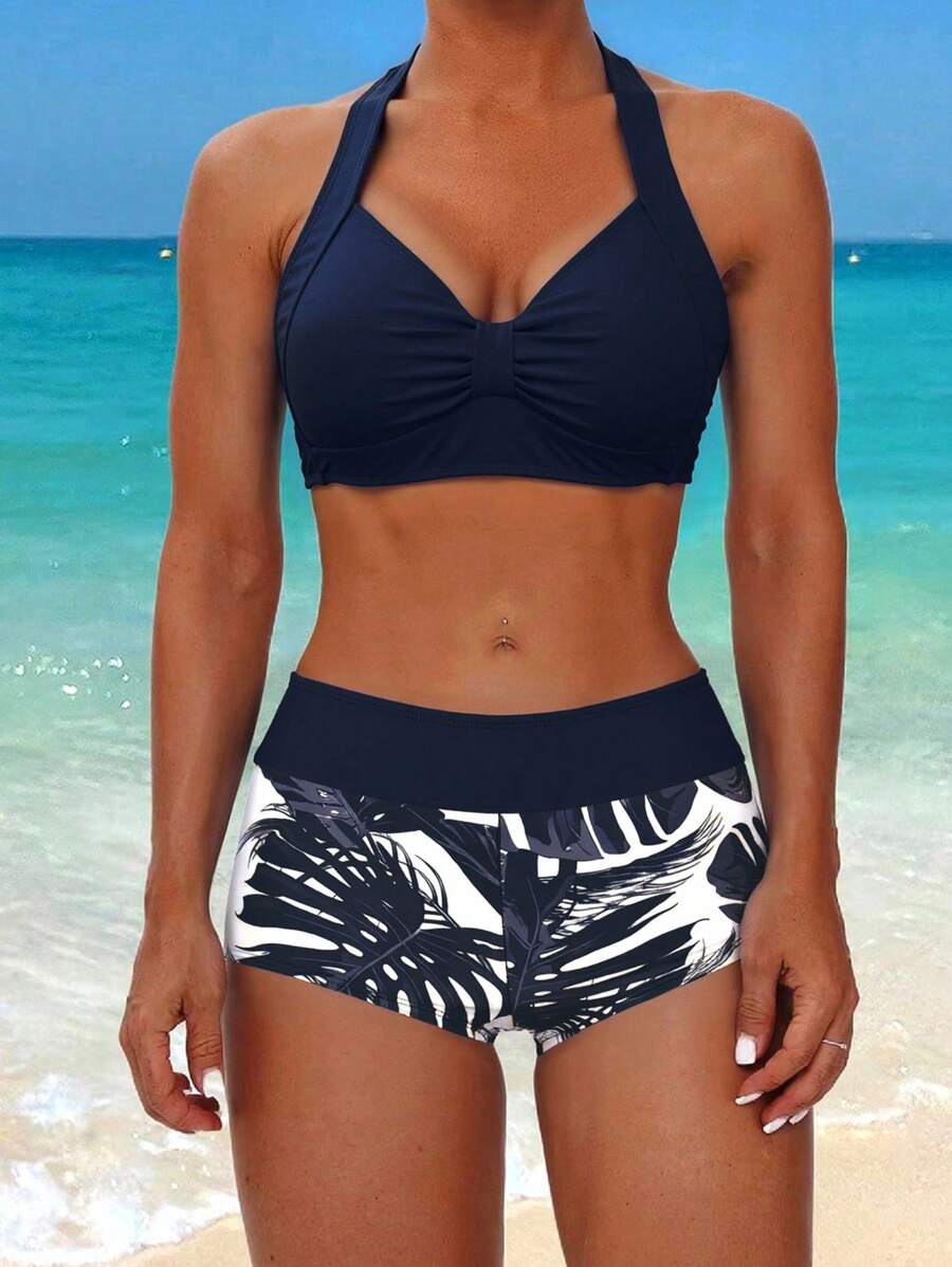 Swim Lushoire 女款夏季海灘熱帶植物印花抓皺掛脖綁帶性感比基尼兩件式泳衣套裝 - 藍色 - 查看 1
