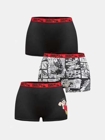 Astro Boy X ROMWE 3pcs/Set Women's Cartoon Graphic Contrast Tape Waist Boyshorts