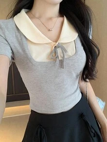 DAZY 女士圆领撞色前系带休闲短袖T恤 - 灰色 - 查看 3