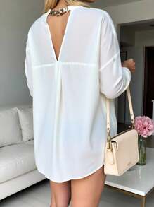 INAWLY Casual Loose Long Sleeve Shirt Dress With Backless Chain Decor - White - View 2