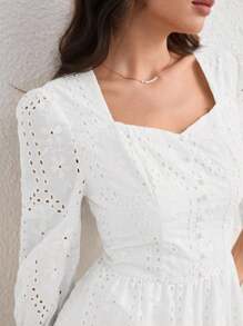 Modelyn Women's Long Embroidered Puff Sleeve Square Neck Elegant Romantic Dress, Light Yellow, Spring/Summer - White - View 6