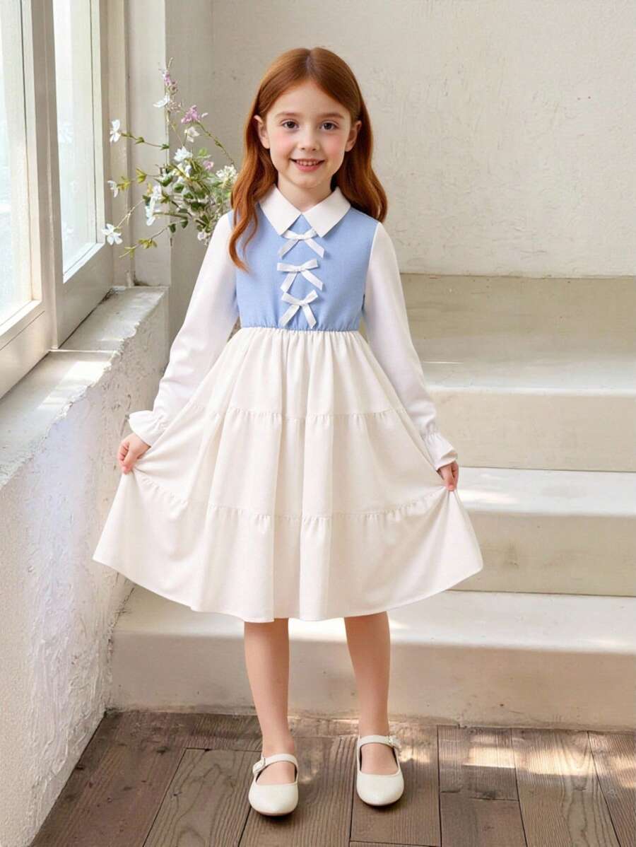 Girls White Shirt-Style Dress | Contrast Blue Knit Fabric | Bowknot Decor | Spring/Autumn Back To School, Fashion & Romance - White - View 1