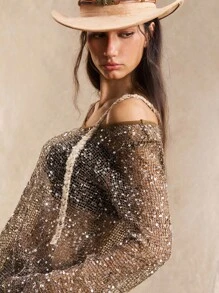 Easelle Damen sexy Flügelärmelige Pailletten durchscheinende lose T-Shirt, Gürtel nicht enthalten - Braun - Übersicht 5