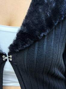 SHEIN EZwear Plus Borg Collar Fuzzy Cuff Coat, For Winter Fall Autumn - Black - View 7