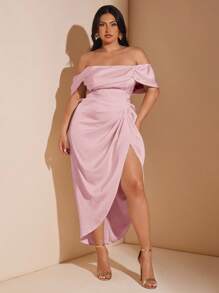 SHEIN BAE 大码女式优雅垂坠中长连衣裙，适合婚礼、伴娘、鸡尾酒会、正式场合 - 藕粉色 - 查看 3