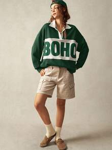 Bohemela 女士休闲运动针织拼布领长袖宽松常规卫衣波西米亚风衬衫波西米亚风上衣女士卫衣秋冬绿色卫衣 - 彩色 - 查看 7