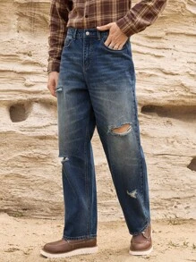 Manfinity Homme Herren Loose Fit zerrissene Jeans mit weitem Bein und Taschen, Blau - Dunkle Waschung - Übersicht 1