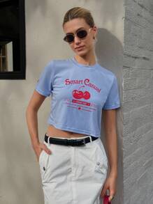 DAZY Women's Casual Slogan Print Cropped T-Shirt, Summer - Blue - View 2