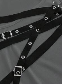 ROMWE Grunge Punk 女式不对称下摆黑色朋克功能性针织上衣 - 灰色 - 查看 8