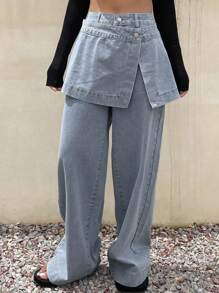 DAZY 女式休闲水洗牛仔裙裤两件套秋冬 - 藍色 - 查看 4