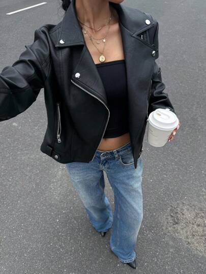 Muchica Women's Solid Color Long Sleeve Zipper Front Casual Loose Fit Motorcycle Jacket In Fall/Winter