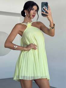 Firerie 女士浅黄色领结花卉装饰褶皱 A 字短裙，浪漫雪纺连衣裙，婚礼派对礼服，春夏装，沙滩装，优雅，性感，度假，海滩，波西米亚风，夏威夷风，音乐节，浪漫，约会，派对，婚礼季，毕业典礼，舞会，表演服装，音乐会 - 黃色 - 查看 2