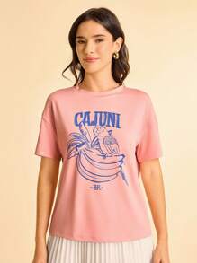 CAJUNI 女式粉色鹦鹉字母印花休闲宽松T恤，夏季基本款上衣/秋季服装 - 棕色 - 查看 5