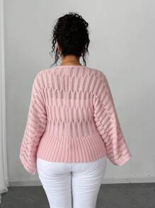 Elenzga 大码女式V领蝙蝠袖收腰针织毛衣，法式复古蝴蝶结设计休闲套头衫，秋冬款 - 粉色 - 查看 5