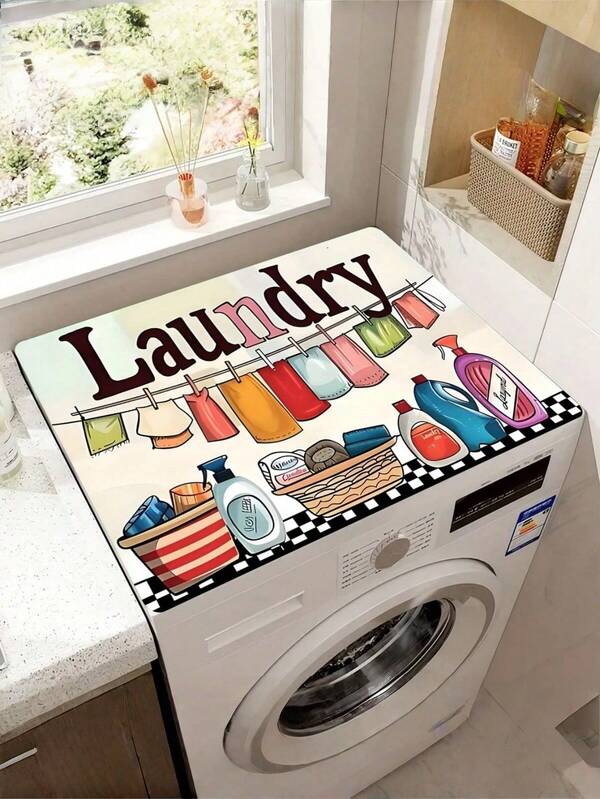 SHEIN 1 pieza Alfombrilla antideslizante y suave para lavadora, con estampado de texto de dibujos animados para la sala de lavandería, almohadilla protectora absorbente y de secado rápido, cubierta antipolvo para refrigerador, moderna cubierta para lavadora y secadora, decoración del hogar, decoración de cocina y comedor