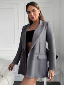 RueChic Lapel Neck Double Button Flap Detail Blazer - Grey - View 4