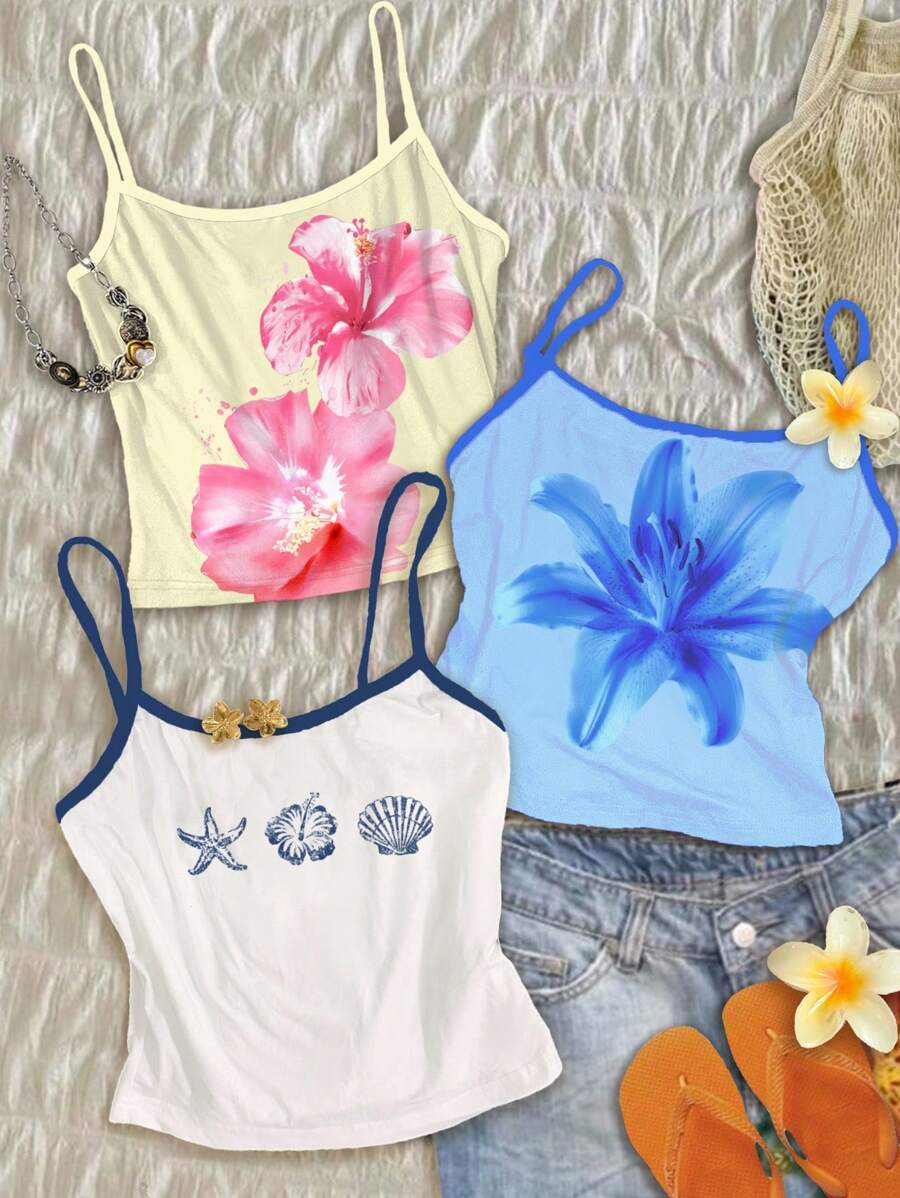 Attitoon 3pcs Casual Vacation Style Cream Yellow Chill Vacation Tropical Hibiscus, Blue Hibiscus, Blue Starfish & Seashell Beach Print Women Camisole Sexy Spaghetti Strap Tank Tops, Suitable For Summer Vacation Suitable For Going Out,Halter Top
