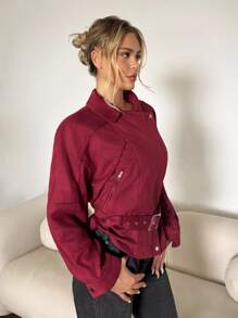 SHEIN ICON Damen Lässig einfarbige Wildlederjacke mit Gürtel, Herbst Winter Kleidung für Frauen - Bordeaux - Übersicht 3